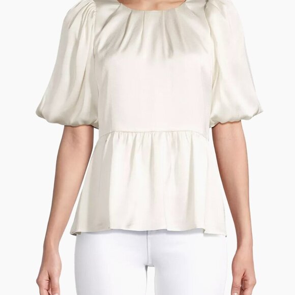 NWT Lilly Pulitzer Women’s Blakelynn Satin Peplum Top Short Sleeve Cream 00 or 2 - Picture 1 of 12